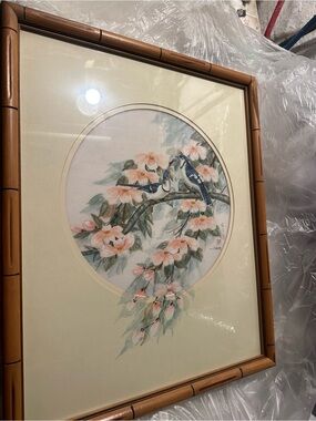 Chang, Framed Peach Blossom & Bird Wall Art - Cream Mat, Tan Frame